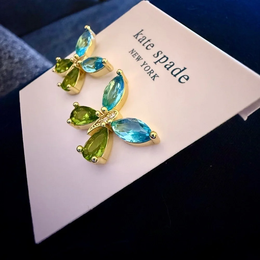 kate spade Blue and Green Crystal Butterfly Stud Earrings - Gold Tone - NWT